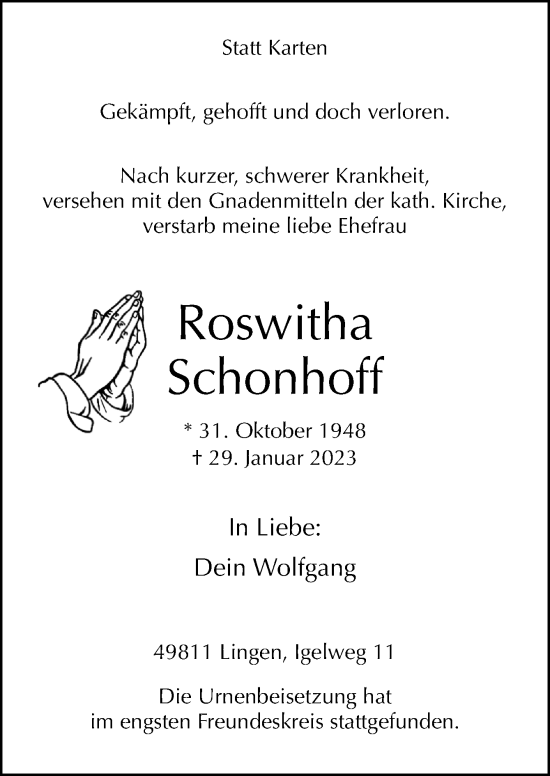Traueranzeige von Roswitha Schonhoff von Neue Osnabrücker Zeitung GmbH & Co. KG
