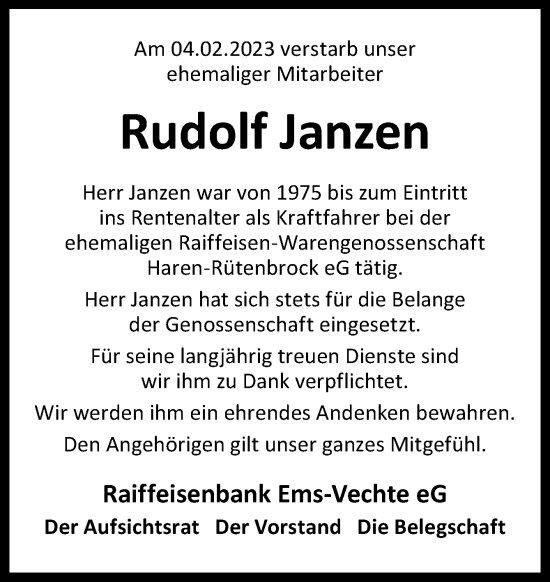 Traueranzeige von Rudolf Janzen von Neue Osnabrücker Zeitung GmbH & Co. KG