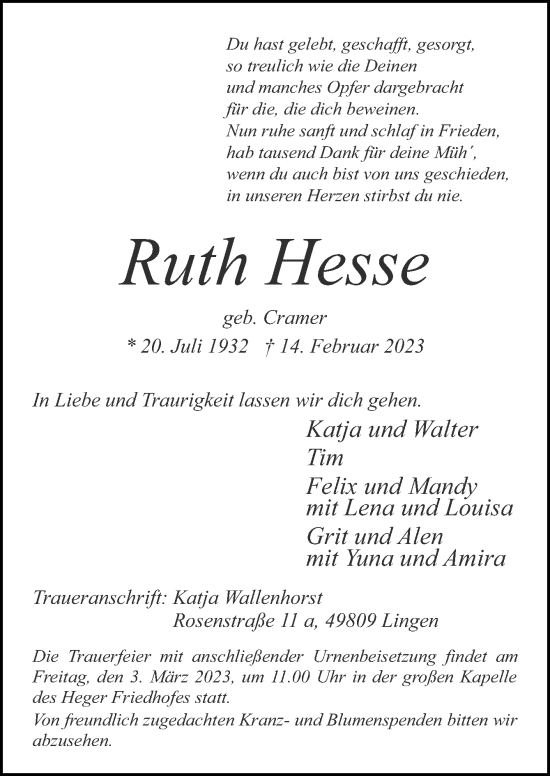Traueranzeige von Ruth Hesse von Neue Osnabrücker Zeitung GmbH & Co. KG