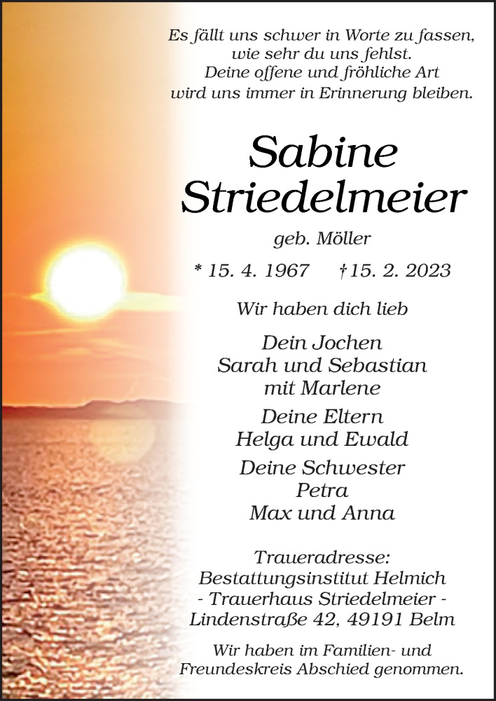  Traueranzeige für Sabine Striedelmeier vom 25.02.2023 aus Neue Osnabrücker Zeitung GmbH & Co. KG