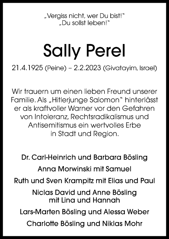Traueranzeige von Sally Perel von Neue Osnabrücker Zeitung GmbH & Co. KG