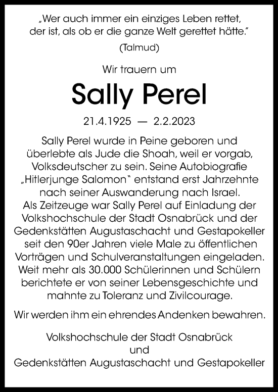 Traueranzeige von Sally Perel von Neue Osnabrücker Zeitung GmbH & Co. KG