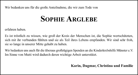 Traueranzeige von Sophie Arglebe von Neue Osnabrücker Zeitung GmbH & Co. KG