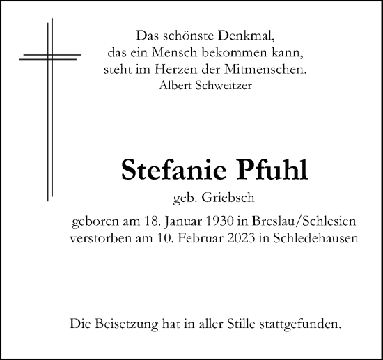 Traueranzeige von Stefanie Pfuhl von Neue Osnabrücker Zeitung GmbH & Co. KG