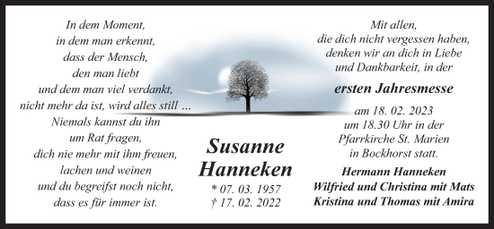 Traueranzeige von Susanne Hanneken von Neue Osnabrücker Zeitung GmbH & Co. KG