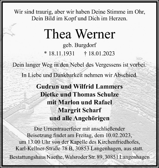 Traueranzeige von Thea Werner von Neue Osnabrücker Zeitung GmbH & Co. KG