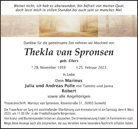 Traueranzeige von Thekla van Spronsen von Neue Osnabrücker Zeitung GmbH & Co. KG