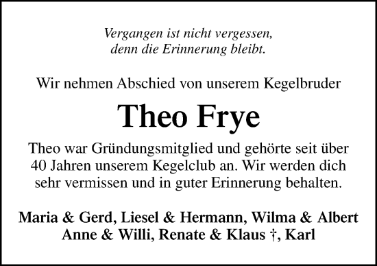 Traueranzeige von Theo Frye von Neue Osnabrücker Zeitung GmbH & Co. KG