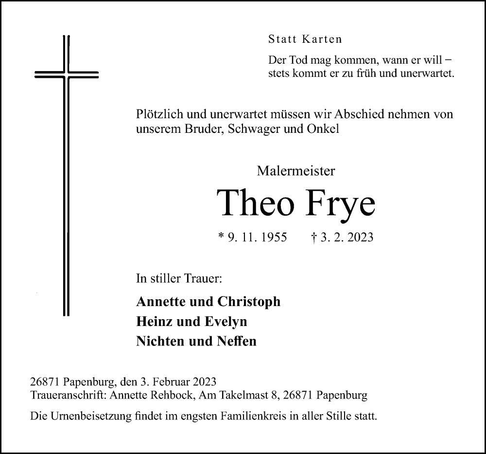  Traueranzeige für Theo Frye vom 07.02.2023 aus Neue Osnabrücker Zeitung GmbH & Co. KG