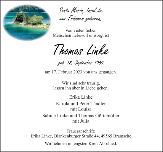 Traueranzeige von Thomas Linke von Neue Osnabrücker Zeitung GmbH & Co. KG