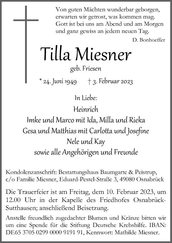 Traueranzeige von Tilla Miesner von Neue Osnabrücker Zeitung GmbH & Co. KG