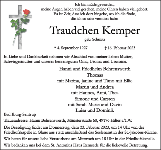 Traueranzeige von Traudchen Kemper von Neue Osnabrücker Zeitung GmbH & Co. KG