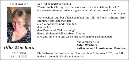 Traueranzeige von Ulla Weichers von Neue Osnabrücker Zeitung GmbH & Co. KG