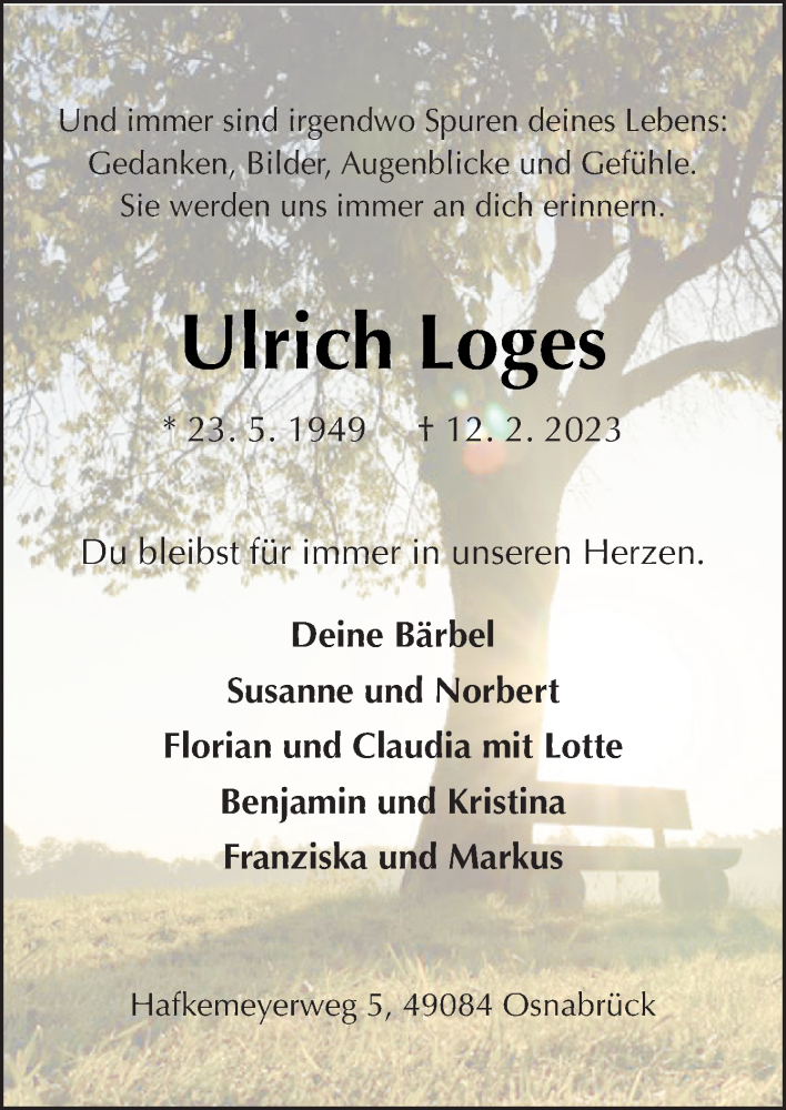  Traueranzeige für Ulrich Loges vom 18.02.2023 aus Neue Osnabrücker Zeitung GmbH & Co. KG