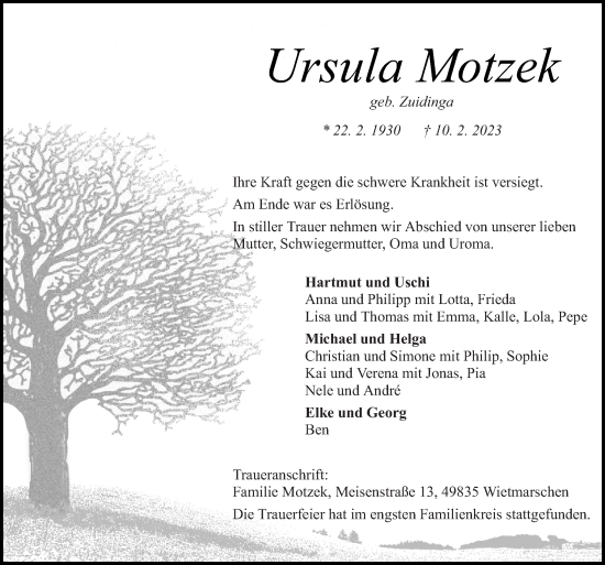 Traueranzeige von Ursula Motzek von Neue Osnabrücker Zeitung GmbH & Co. KG