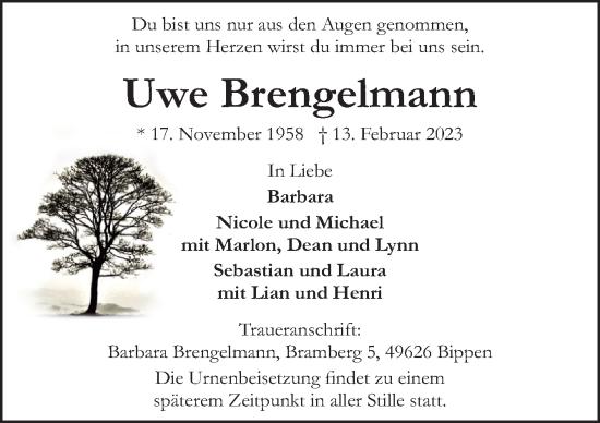 Traueranzeige von Uwe Brengelmann von Neue Osnabrücker Zeitung GmbH & Co. KG