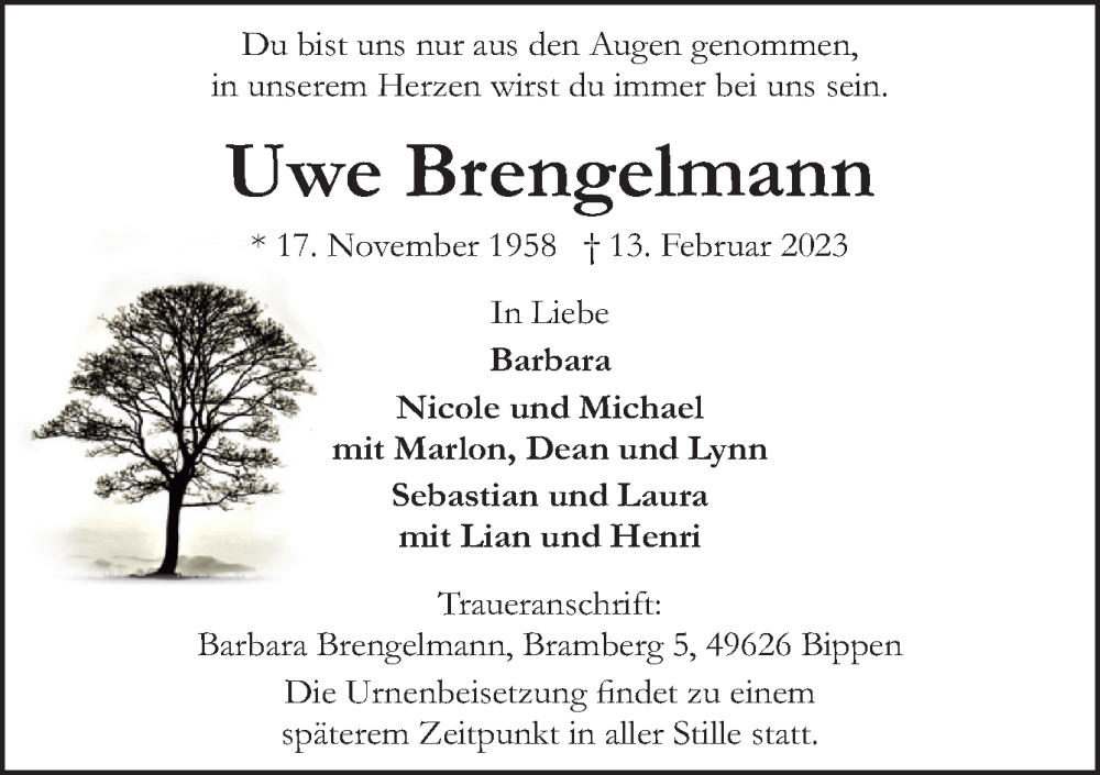  Traueranzeige für Uwe Brengelmann vom 25.02.2023 aus Neue Osnabrücker Zeitung GmbH & Co. KG