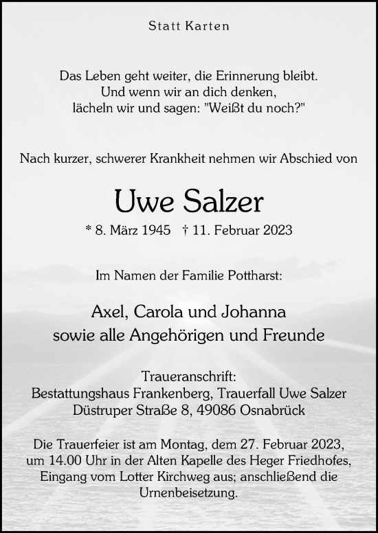 Traueranzeige von Uwe Salzer von Neue Osnabrücker Zeitung GmbH & Co. KG