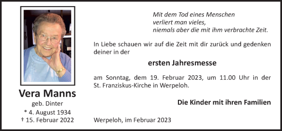 Traueranzeige von Vera Manns von Neue Osnabrücker Zeitung GmbH & Co. KG