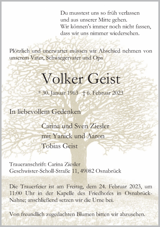 Traueranzeige von Volker Geist von Neue Osnabrücker Zeitung GmbH & Co. KG