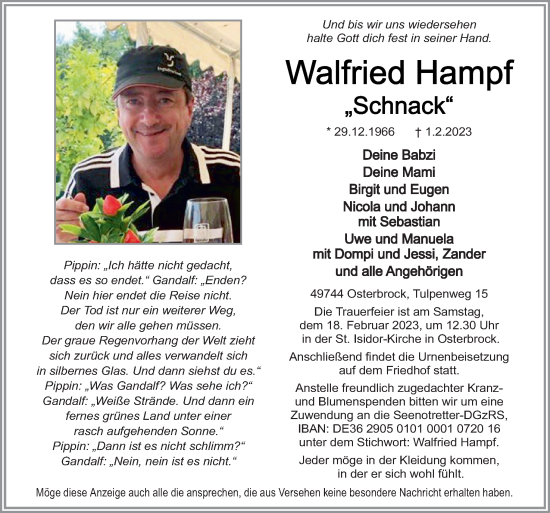 Traueranzeige von Walfried Hampf von Neue Osnabrücker Zeitung GmbH & Co. KG