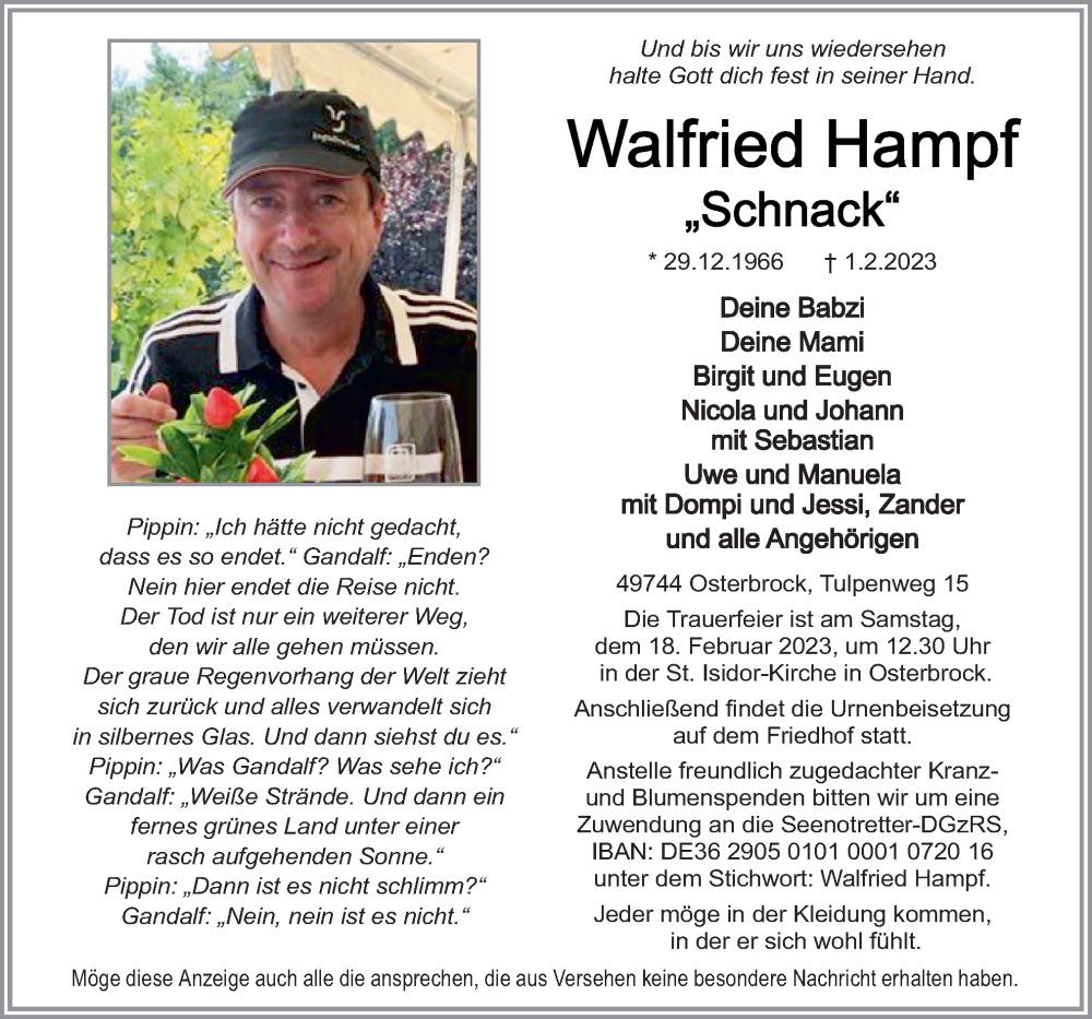  Traueranzeige für Walfried Hampf vom 04.02.2023 aus Neue Osnabrücker Zeitung GmbH & Co. KG