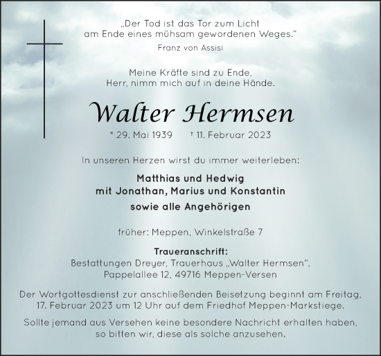 Traueranzeige von Walter Hermsen von Neue Osnabrücker Zeitung GmbH & Co. KG