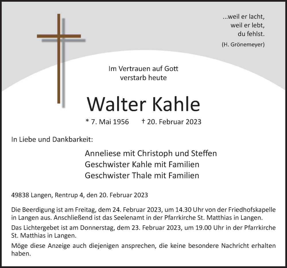  Traueranzeige für Walter Kahle vom 22.02.2023 aus Neue Osnabrücker Zeitung GmbH & Co. KG