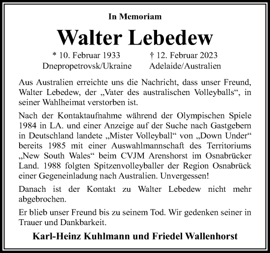 Traueranzeige von Walter Lebedew von Neue Osnabrücker Zeitung GmbH & Co. KG
