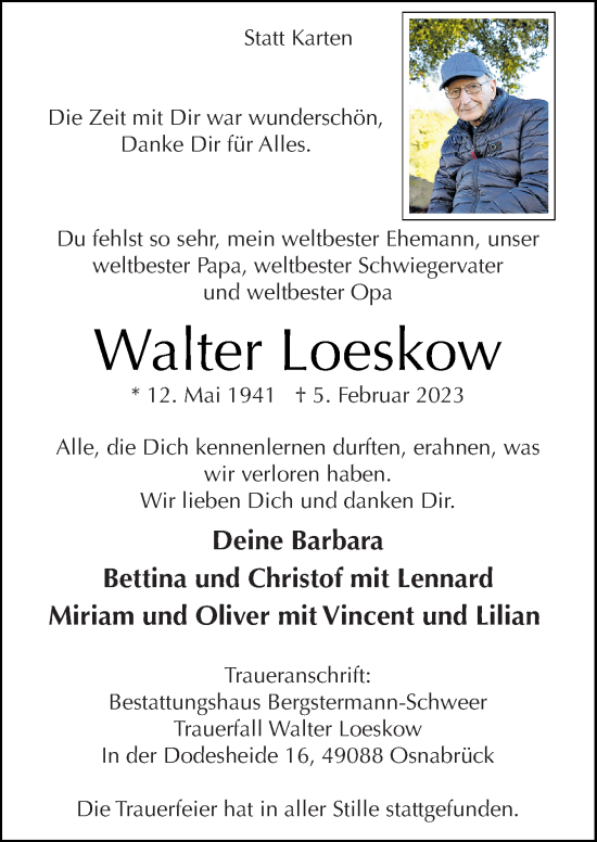 Traueranzeige von Walter Loeskow von Neue Osnabrücker Zeitung GmbH & Co. KG