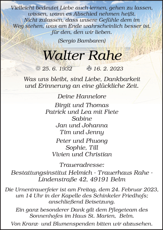 Traueranzeige von Walter Rahe von Neue Osnabrücker Zeitung GmbH & Co. KG