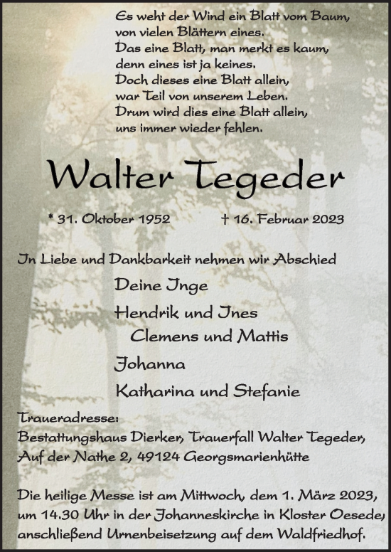 Traueranzeige von Walter Tegeder von Neue Osnabrücker Zeitung GmbH & Co. KG