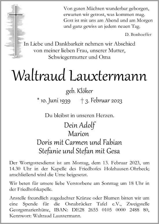 Traueranzeige von Waltraud Lauxtermann von Neue Osnabrücker Zeitung GmbH & Co. KG