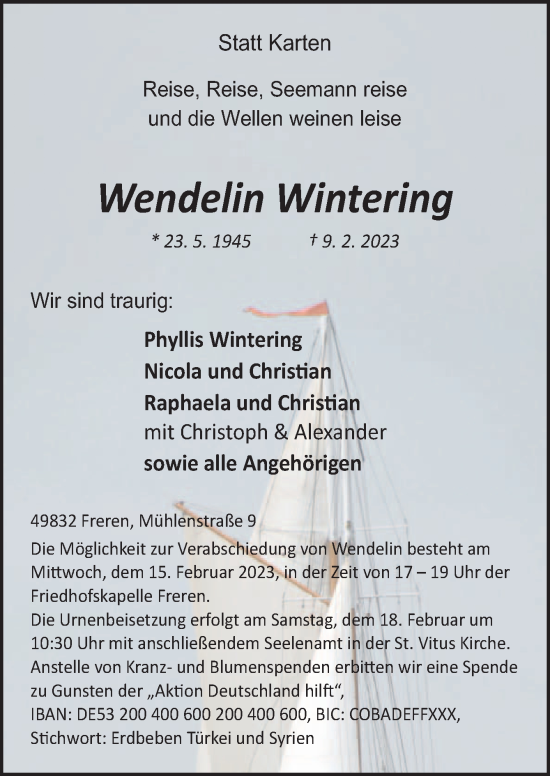 Traueranzeige von Wendelin Wintering von Neue Osnabrücker Zeitung GmbH & Co. KG