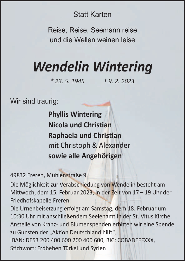  Traueranzeige für Wendelin Wintering vom 13.02.2023 aus Neue Osnabrücker Zeitung GmbH & Co. KG