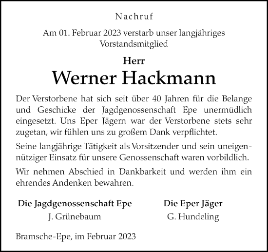 Traueranzeige von Werner Hackmann von Neue Osnabrücker Zeitung GmbH & Co. KG