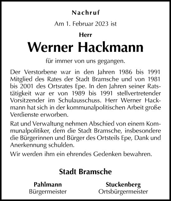 Traueranzeige von Werner Hackmann von Neue Osnabrücker Zeitung GmbH & Co. KG