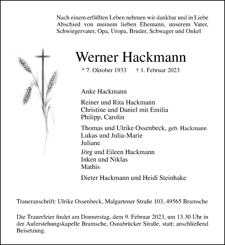  Traueranzeige für Werner Hackmann vom 04.02.2023 aus Neue Osnabrücker Zeitung GmbH & Co. KG