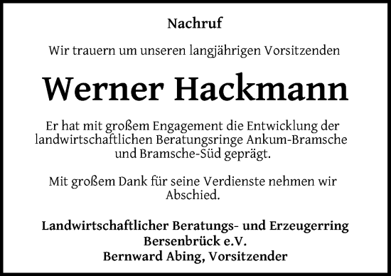 Traueranzeige von Werner Hackmann von Neue Osnabrücker Zeitung GmbH & Co. KG