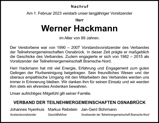 Traueranzeige von Werner Hackmann von Neue Osnabrücker Zeitung GmbH & Co. KG