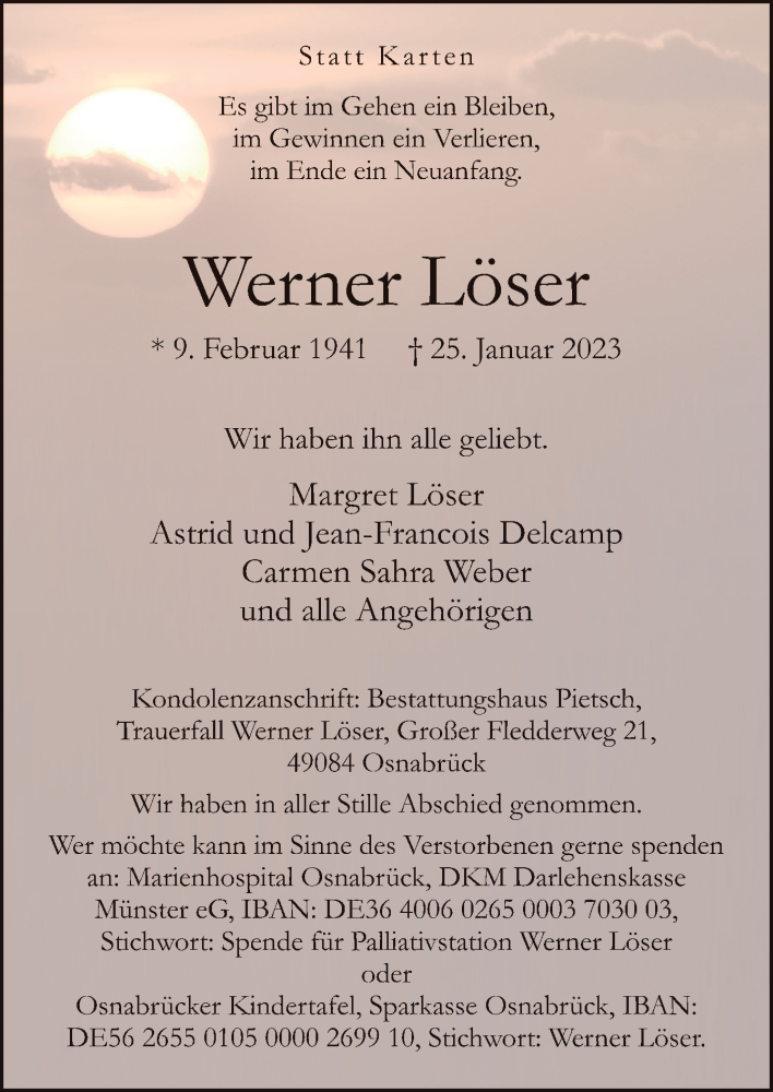  Traueranzeige für Werner Löser vom 11.02.2023 aus Neue Osnabrücker Zeitung GmbH & Co. KG