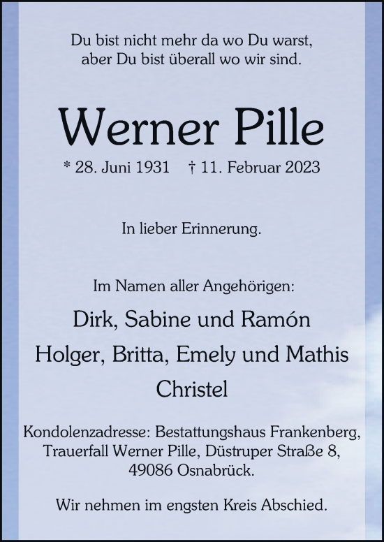 Traueranzeige von Werner Pille von Neue Osnabrücker Zeitung GmbH & Co. KG
