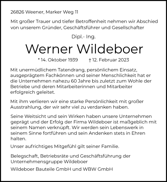 Traueranzeige von Werner Wildeboer von Neue Osnabrücker Zeitung GmbH & Co. KG