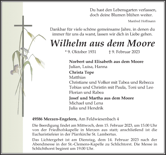 Traueranzeige von Wilhelm aus dem Moore von Neue Osnabrücker Zeitung GmbH & Co. KG