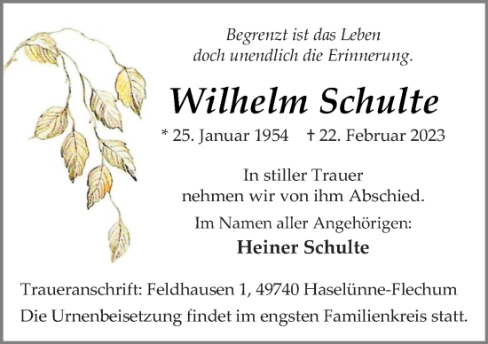 Traueranzeige von Wilhelm Schulte von Neue Osnabrücker Zeitung GmbH & Co. KG