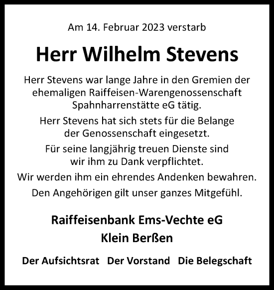 Traueranzeige von Wilhelm Stevens von Neue Osnabrücker Zeitung GmbH & Co. KG