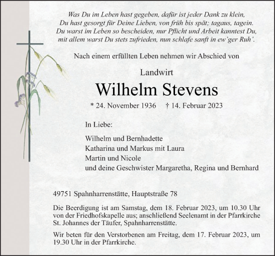 Traueranzeige von Wilhelm Stevens von Neue Osnabrücker Zeitung GmbH & Co. KG