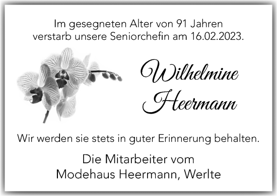 Traueranzeige von Wilhelmine Heermann von Neue Osnabrücker Zeitung GmbH & Co. KG