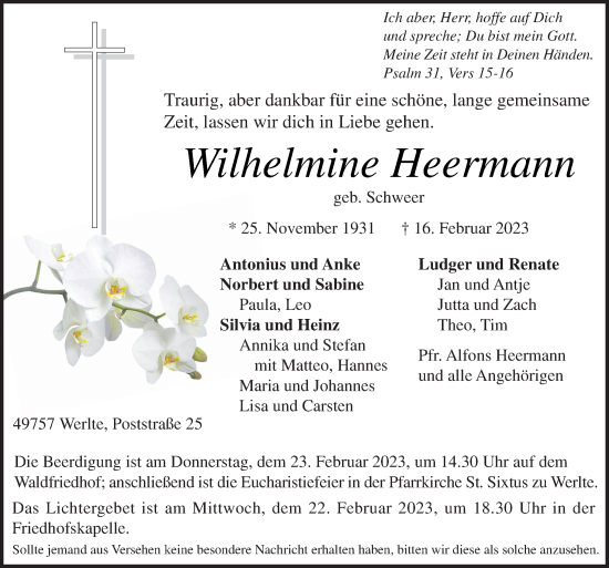Traueranzeige von Wilhelmine Heermann von Neue Osnabrücker Zeitung GmbH & Co. KG