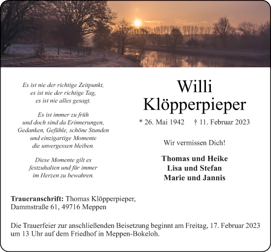 Traueranzeige von Willi Klöpperpieper von Neue Osnabrücker Zeitung GmbH & Co. KG